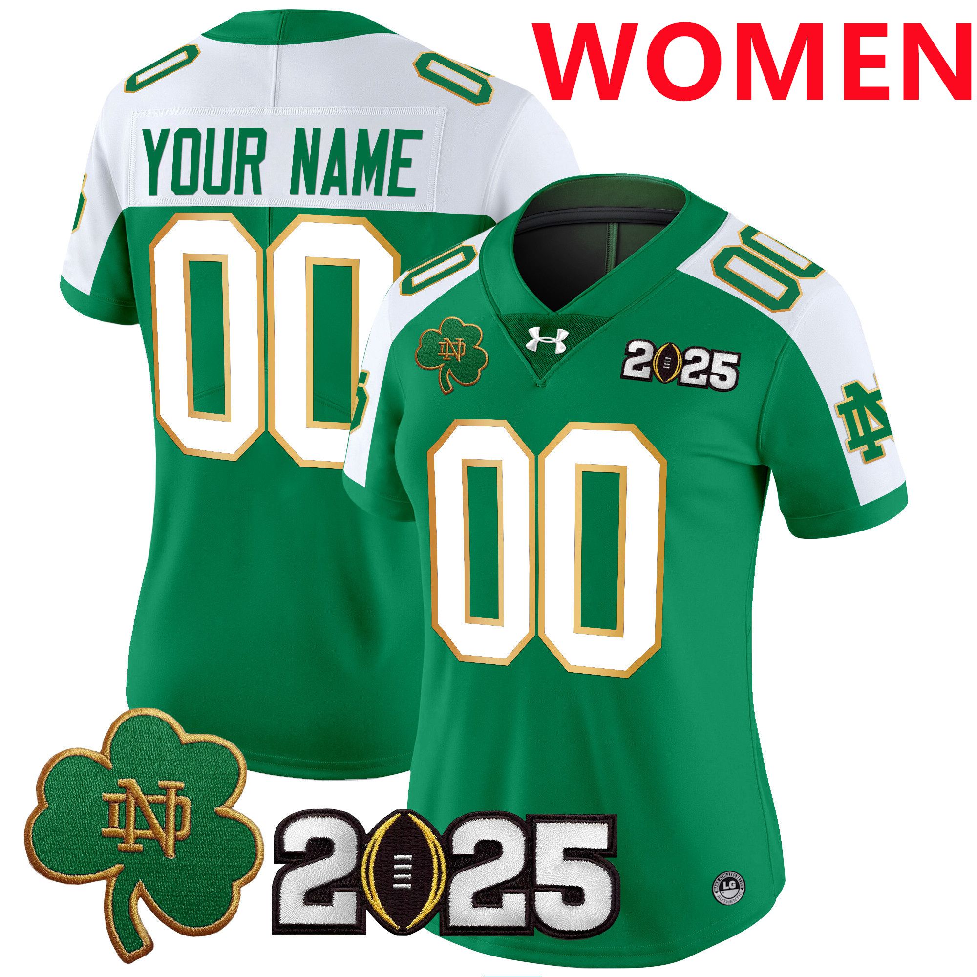 Women Notre Dame Fighting Irish Green 2025 CFP Final Patch Vapor Limited Custom NCAA Jersey style 1->customized ncaa jersey->Custom Jersey
